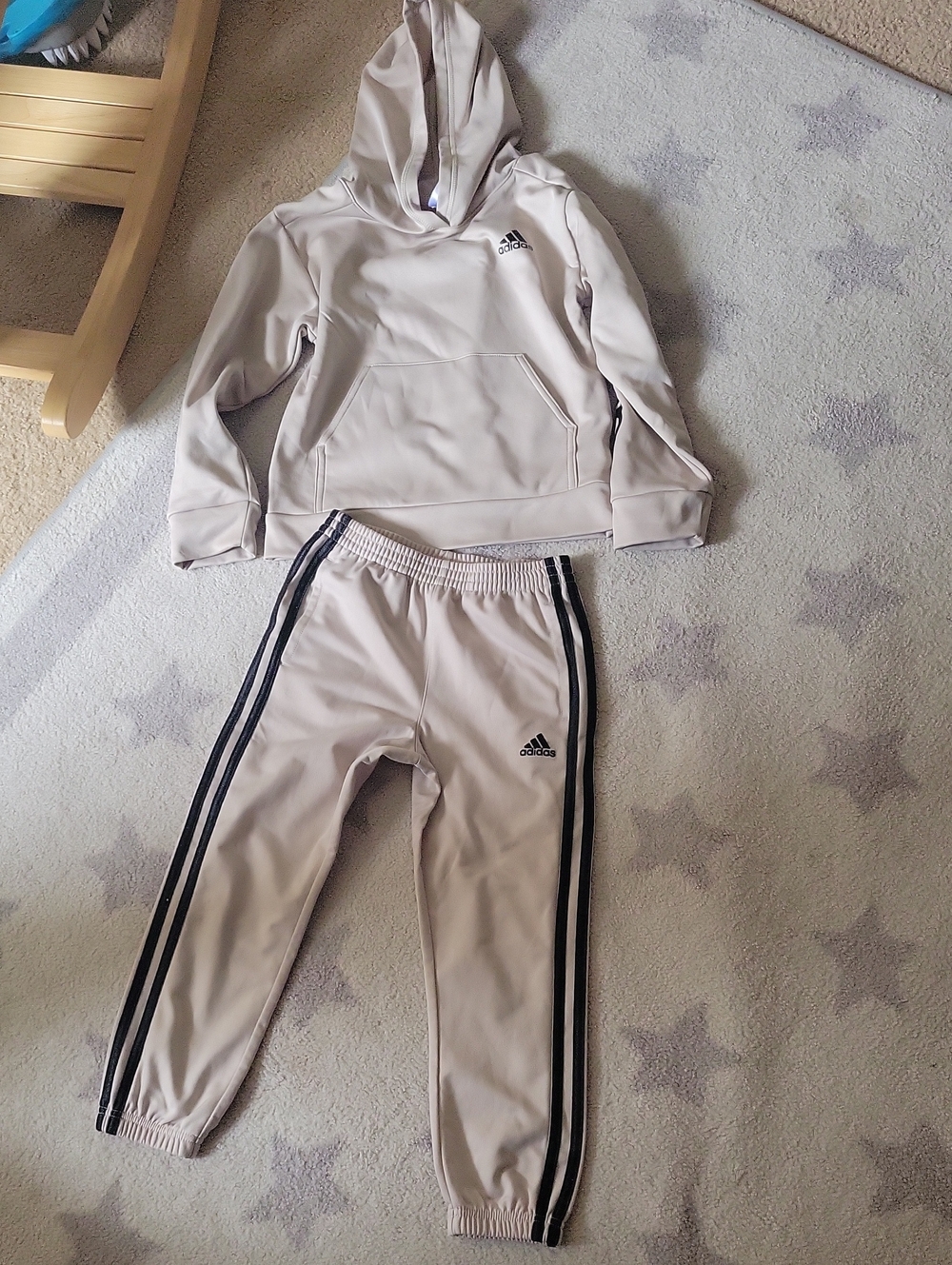 Adidas Kids Hoodie & Track Pants Set - Light Beige with Black Stripes